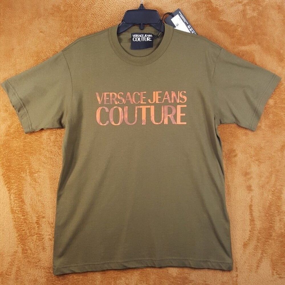 VERSACE COUTURE Mens Shirt Small Green Pullover Crew Logo Tee $150 Flawed
